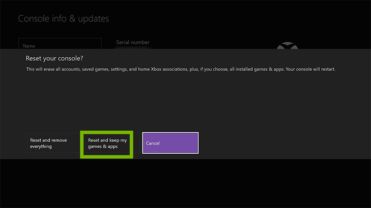 Xbox one reset your console screen showing reset and keep my games.