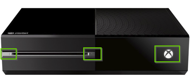 Front of an Xbox one console with the bind, eject, and power buttons highlighted.