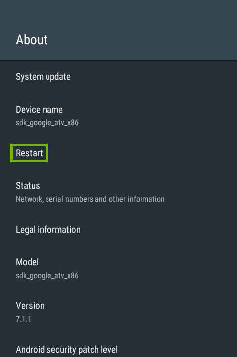About menu with Restart highlighted.