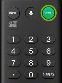 Power button highlighted on Sony TV remote control.