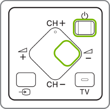 Power and Volume Down buttons highlighted on 7-button rear panel of Sony TV.