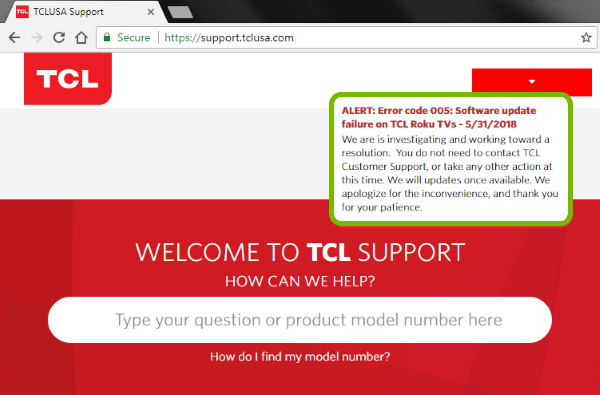 Alert indicating service issues on support webpage.