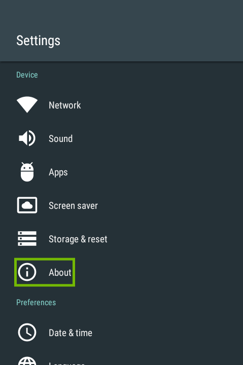 Android TV Settings menu with About highlighted.