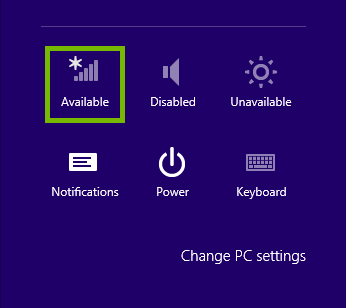 Charms bar Settings with the network icon highlighted.