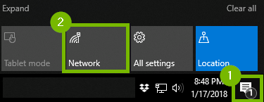 notification center open with notifications icon and network highlighted
