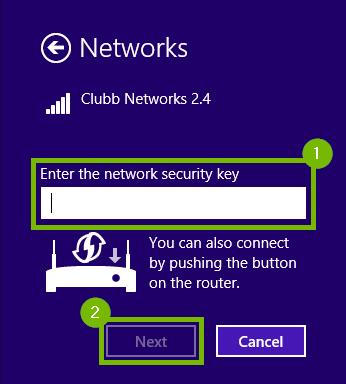 Network page with the security key box and the Next button highlighted.
