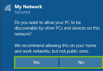 Do you want your computer to be discoverable with yes and no boxes highlighted