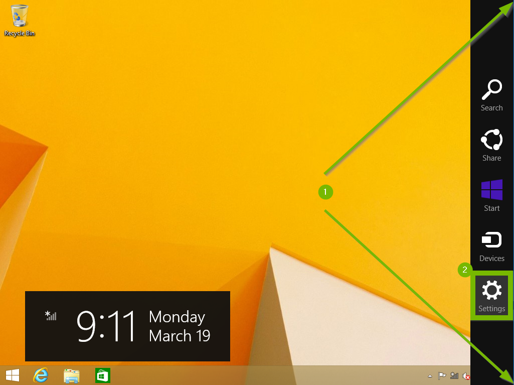 Arrows pointing to top right and bottom right corner of screen with the Settings icon highlighted.