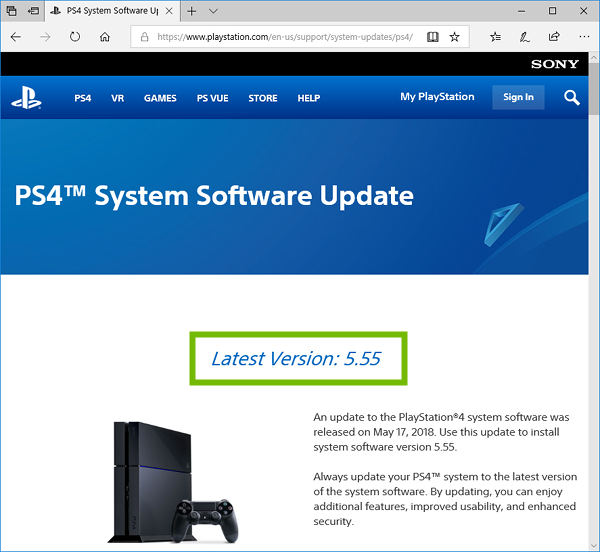 Browser showing PlayStation 4 Update page with Latest Version highlighted.