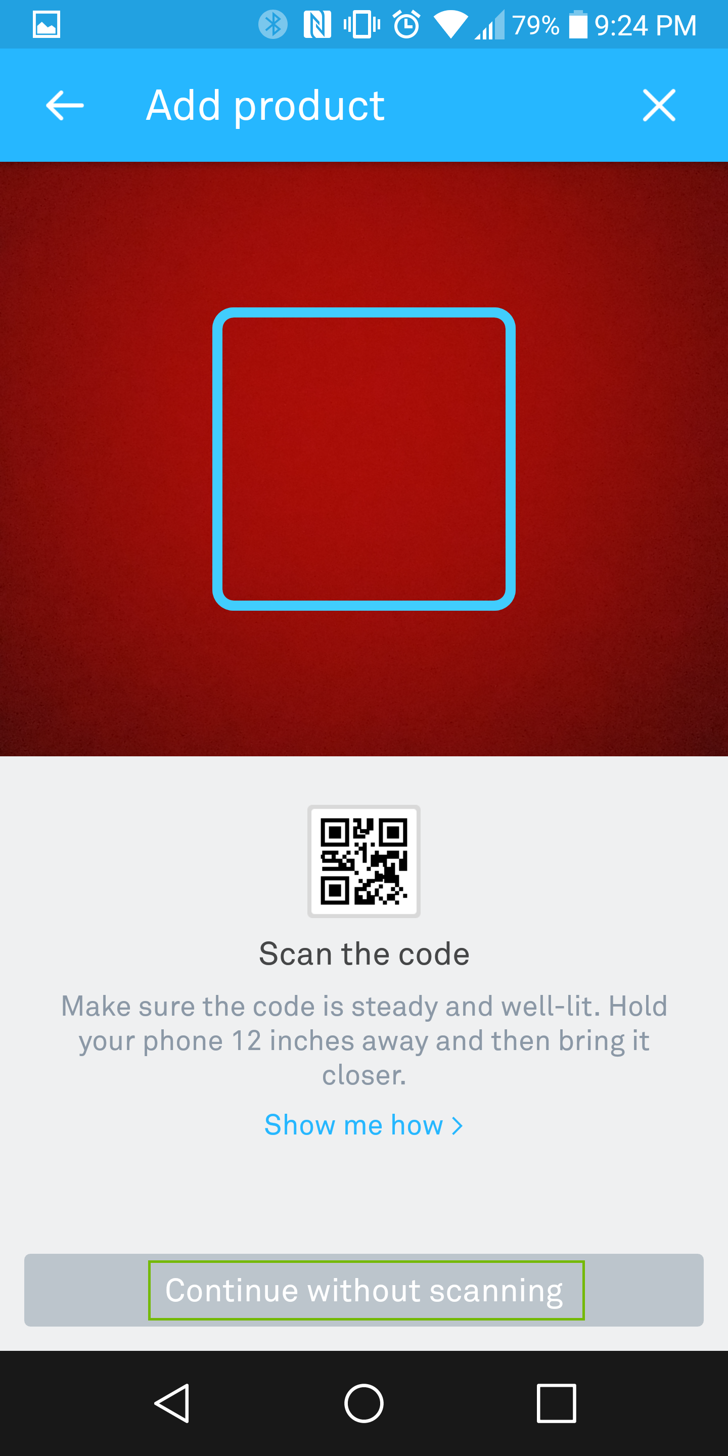 QR Code scan page with continue without scanning highlighted