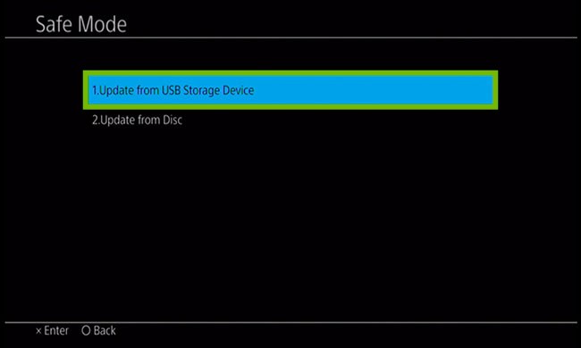 Update menu with Update from USB Storage Device highlighted.