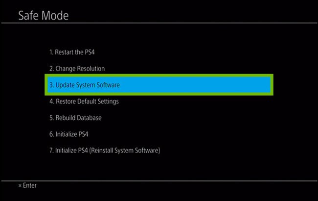 Safe Mode menu with Update System Software highlighted.