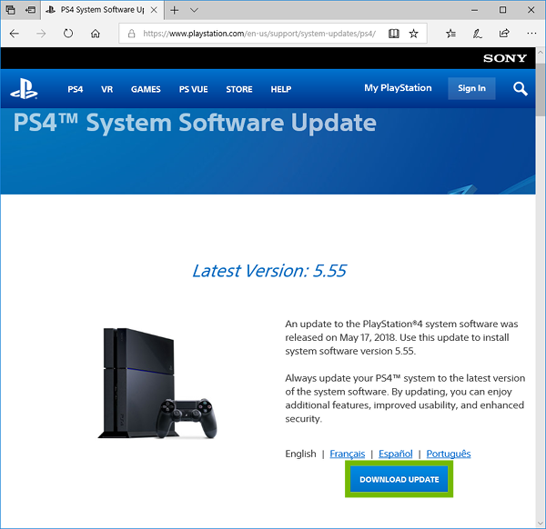 PlayStation 4 System Updates page with Download Update highlighted.
