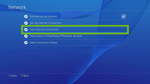 Network menu with Test Internet Connection highlighted.