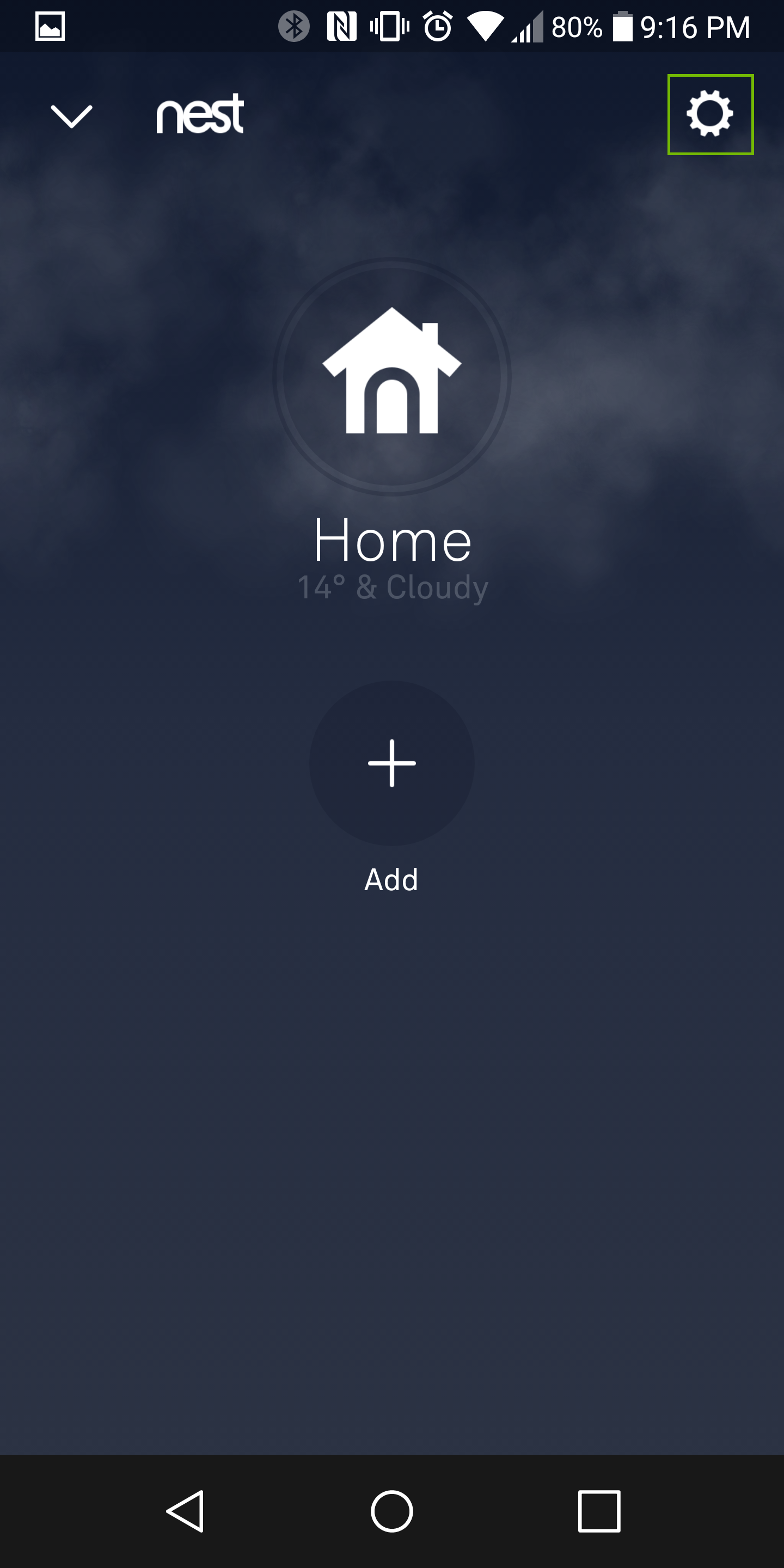 Nest homescreen with settings highlighted