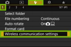 Settings 1 menu with wireless communication settings highlighted