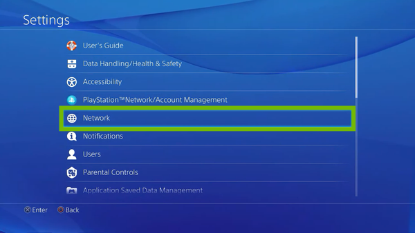 Settings with Network highlighted.