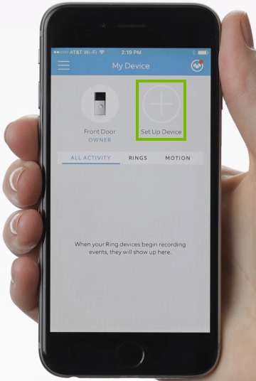 Ring app with set up device highlighted.