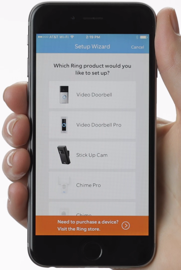 Ring app displaying a list of available devices.