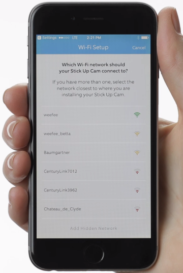 Ring app displaying a list of available Wi-Fi networks to connect to.