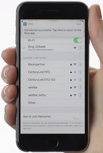 Ring app confirming the mobile device has successfully connected to the setup network.