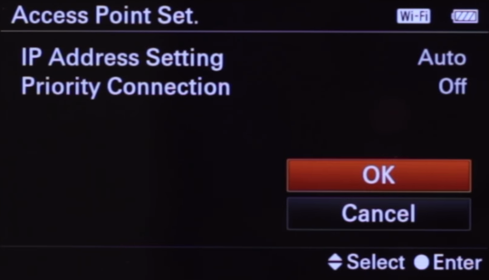 Camera additional wireless settings screen