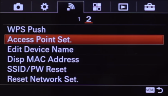 Camera wireless settings screen