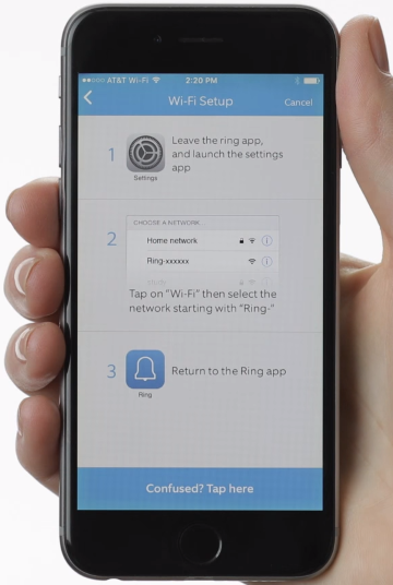 Ring app displaying instructions on how to connect your phone to a temporary setup network.