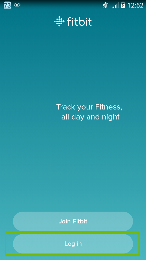 Fitbit screen with Log In highlighted. Screenshot