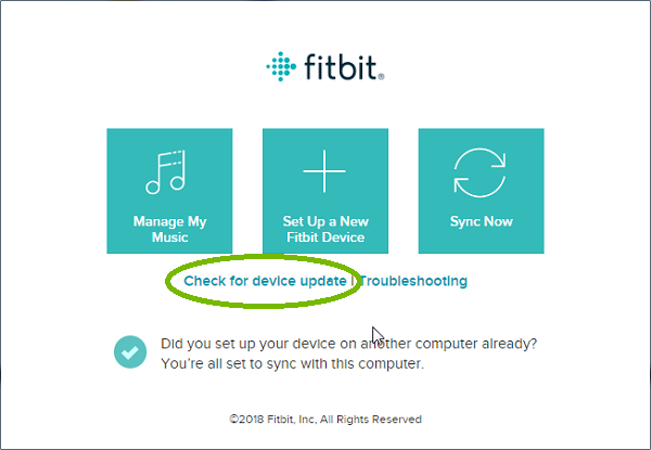 Fitbit Connect App with Check for device update highlighted. Screenshot