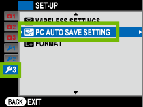 PC Auto Save Setting option highlighted on camera Setup screen.