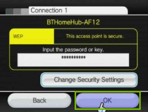 example wifi network showing stars where password field is located and ok button is highlighted