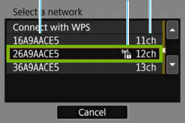 camera screen with a list of available networks