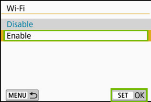Wi-Fi menu with enable and Set OK highlighted
