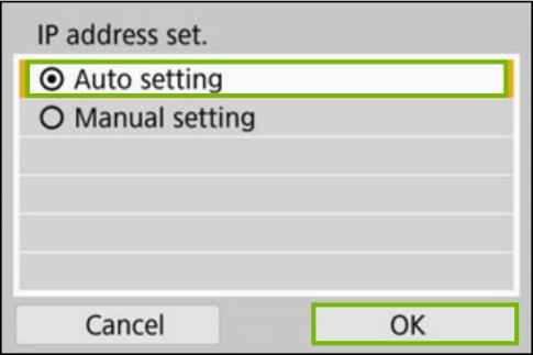 IP address set with auto setting highlighted
