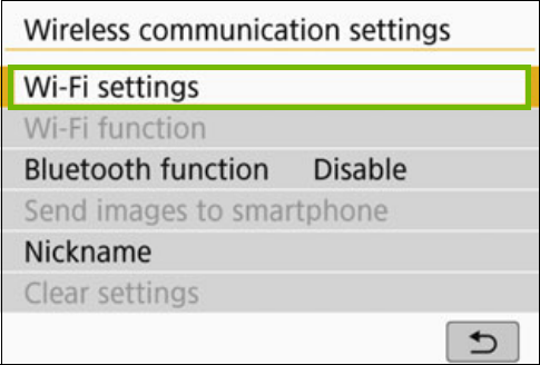 Wireless menu with Wi-Fi settings highlighted