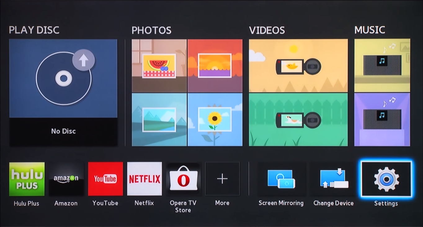 Blu-ray menu with Settings option highlighted