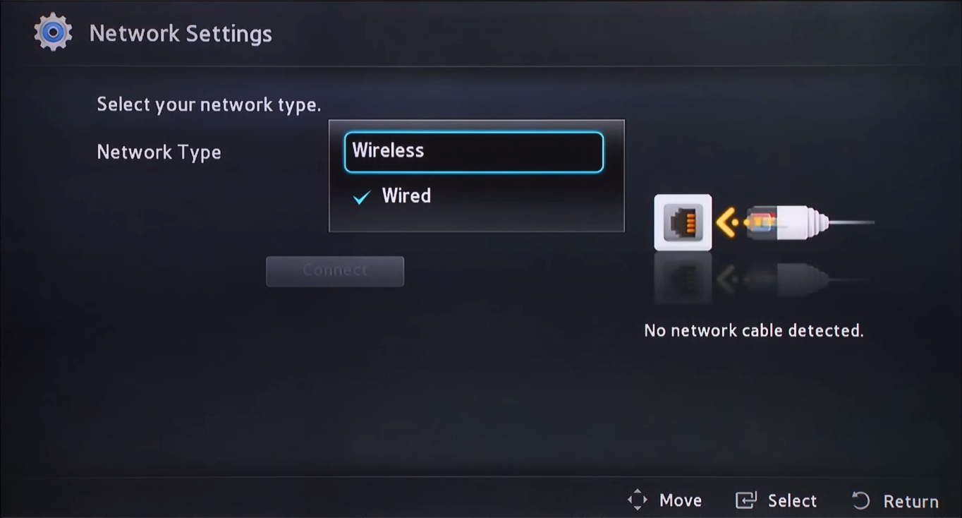 Blu-ray network setup method selection screen with option highlighted