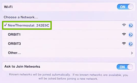 Available networks list with NewThermostat listed. Screenshot.