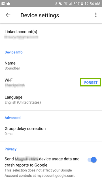 forget highlighted on device settings page