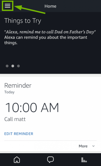 main page of alexa app with the menu highlighted