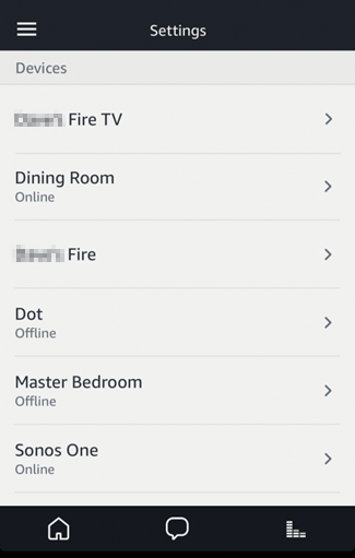Settings menu with list of devices