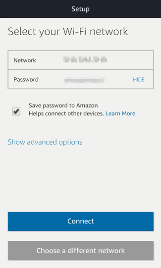 Network setup page with network selected and password entered and connect button
