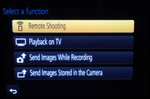 Camera Wi-Fi setup function selection screen