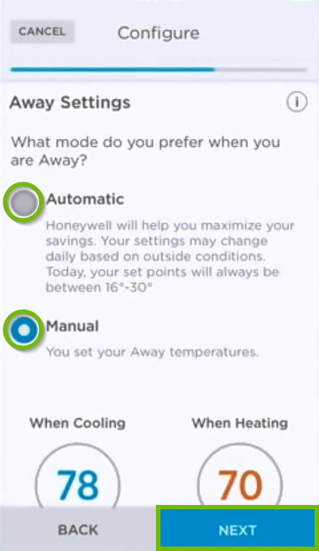Mode selection screen for Away settings.