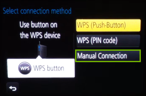 Camera Wi-Fi setup method selection second screen