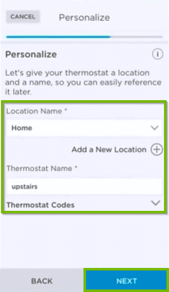 Thermostat location and name entry screen.