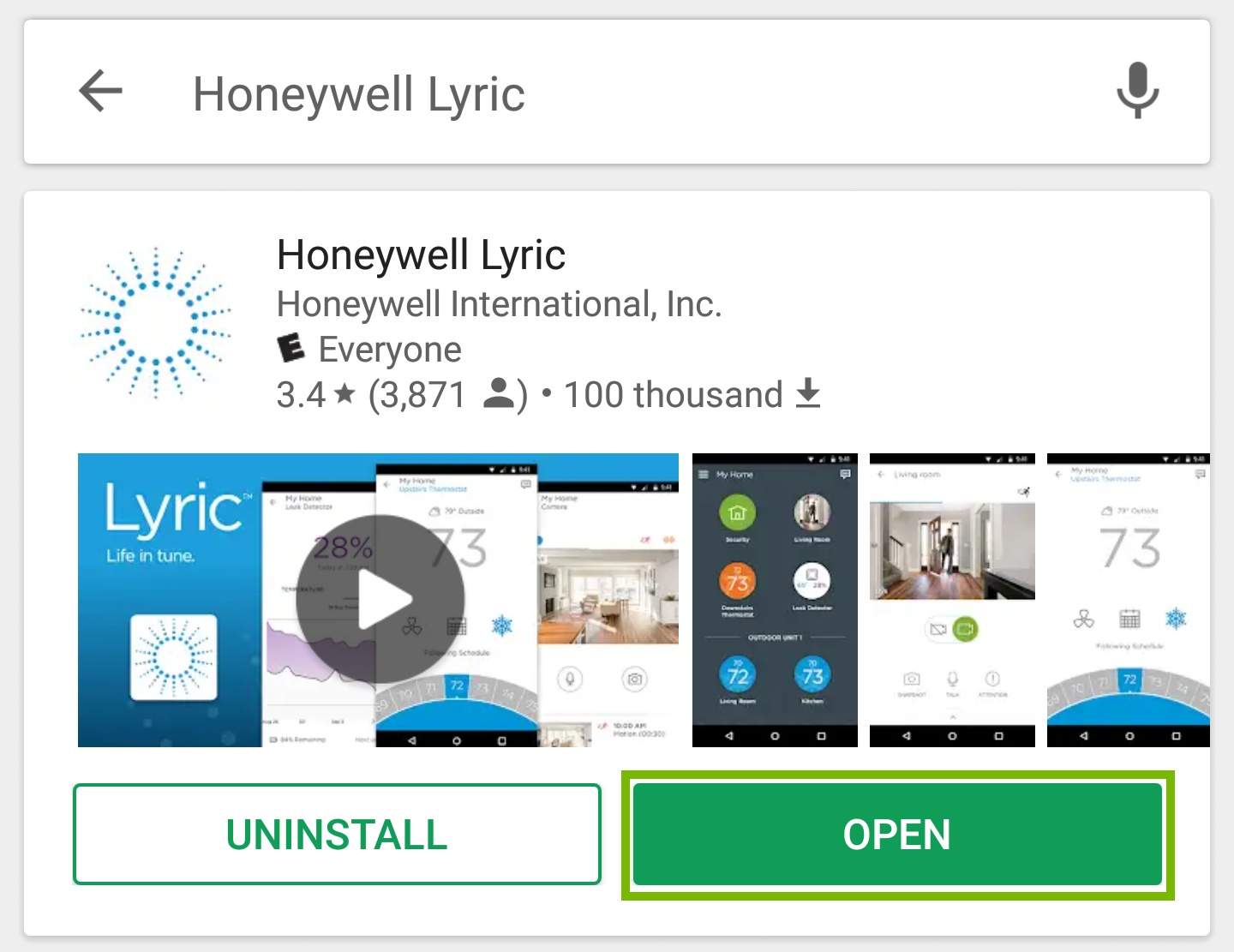 Picture indicating to press the open button for the Honeywell Lyric app