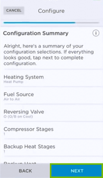 Configuration summary screen.