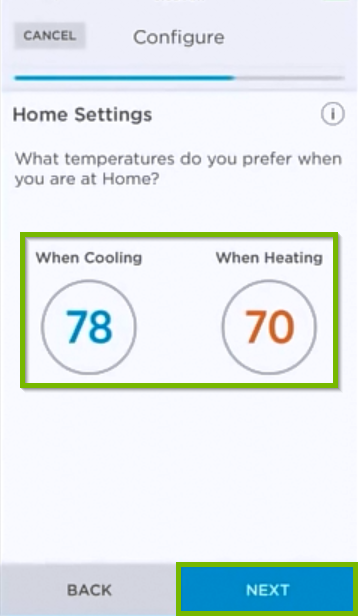 Temperature selection screen for Home settings.